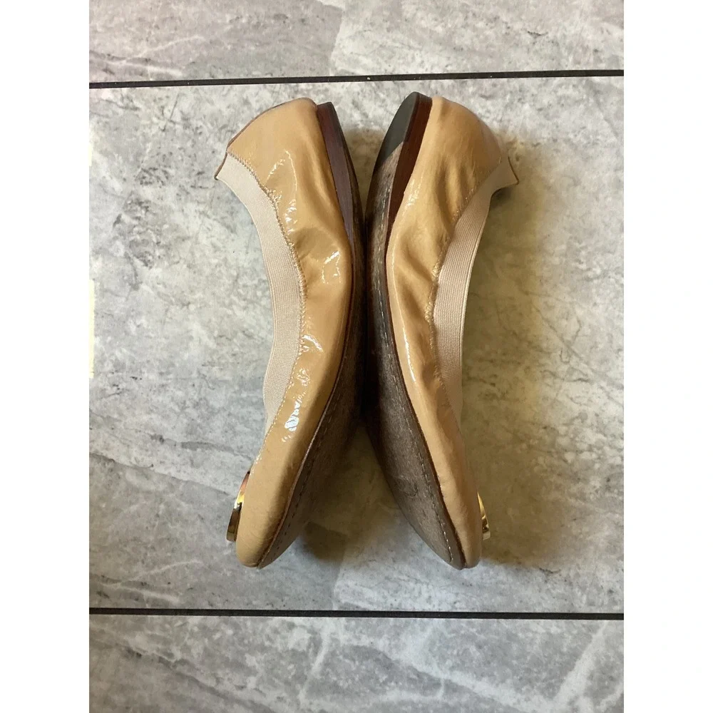 Tory Burch Reva Ballet Flats Tan Patent Leather Logo Medallion Beige Womens 7.5M